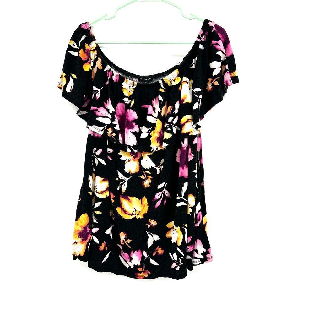 Lane Bryant Size 18/20 Blouse Black Floral Off The Shoulder Loose Short Sleeve